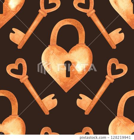 Seamless pattern with golden heart-shaped locks and keys. Watercolor illustration for textiles and wedding wrapping paper 128219941