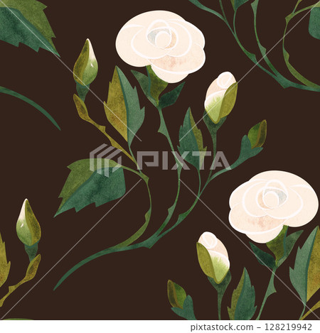 Seamless pattern of white roses. Floral pattern for textiles, women's dress and blouse, wrapping paper, packaging, boxes in feminine and romantic style. Watercolor hand drawn in vintage style. Seamless pattern of white roses. Floral pattern for textiles, women's dress and blouse, wrapping paper, packaging, boxes in feminine and romantic style. Watercolor hand drawn in vintage style. 128219942