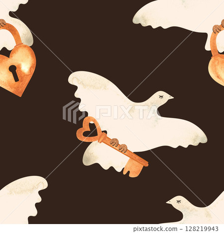 White doves with keys and heart-shaped locks. Love mail. Watercolor seamless pattern for textiles and wedding wrapping paper White doves with keys and heart-shaped locks. Love mail. Watercolor seamless pattern for textiles and wedding wrapping paper 128219943