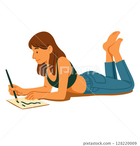 Woman lying comfortably on her stomach while drawing on paper. This cozy and creative indoor scene captures a relaxed artistic moment, suitable for educational visuals, hobby-related content 128220009