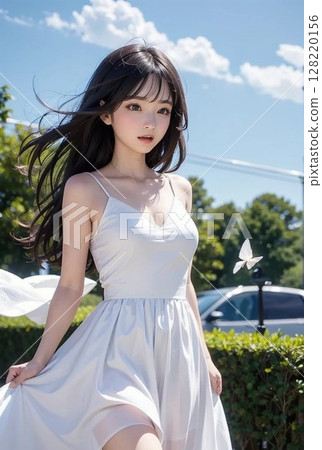 A beautiful and elegant woman wearing a white dress under the blue sky 128220156
