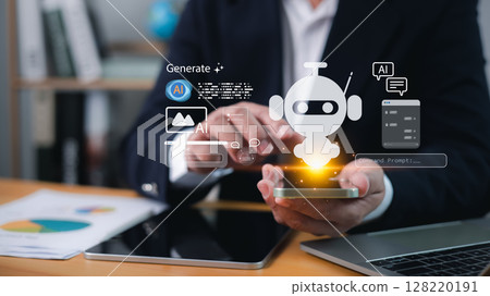 Businessman using AI chatbot and generative AI technology on smartphone for business automation, digital transformation, smart communication, virtual assistant, innovation, and advanced technology. Businessman using AI chatbot and generative AI technology on smartphone for business automation, digital transformation, smart communication, virtual assistant, innovation, and advanced technology. 128220191