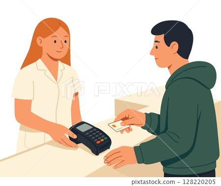 Customer using a card to pay at the cashier store, POS transaction interaction Customer using a card to pay at the cashier store, POS transaction interaction 128220205