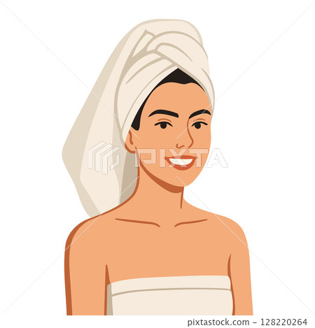Illustration of a happy woman smiling while wrapped in a white towel around her hair and body. Perfect for self-care, wellness, beauty routines, skincare, spa day visuals, and lifestyle content. 128220264
