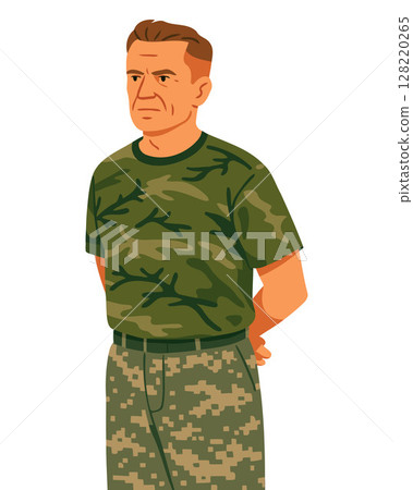 Male soldier in a camouflage military uniform standing with a serious expression and hands behind his back. Ideal for topics related to army personnel, military service, veterans, and national defense 128220265