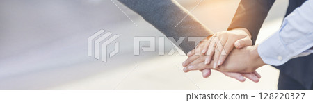 Banner Lawyer teamwork partnership Businessman handshake together. Panorama Two Men Trust honesty lawfirm business handshake promise respect partner. Diversity solidarity team Partner hands together 128220327