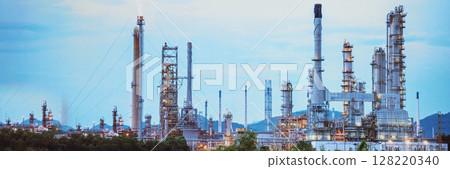 Banner Oil refinery gas petrol plant industry with crude tank, gasoline supply and chemical factory. Petroleum barrel fuel heavy industry oil refinery manufacturing factory plant. Refinery industry Banner Oil refinery gas petrol plant industry with crude tank, gasoline supply and chemical factory. Petroleum barrel fuel heavy industry oil refinery manufacturing factory plant. Refinery industry 128220340