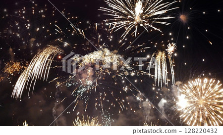 Golden Firework celebrate anniversary independence day night time celebrate national holiday. Countdown to new year 2024 party time event. Happy new year 2025, 4th of july holiday festival concept Golden Firework celebrate anniversary independence day night time celebrate national holiday. Countdown to new year 2024 party time event. Happy new year 2025, 4th of july holiday festival concept 128220432