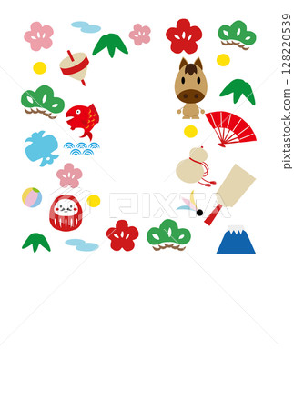 馬的人物和幸運符新年賀卡插圖 128220539