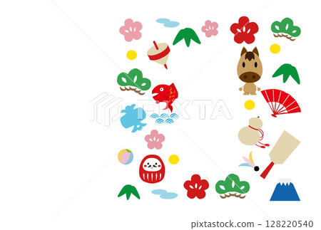 Horse character and lucky charm New Year's card illustration 128220540