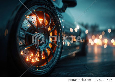 Close Up of Racing Car Wheel with Glowing Brake Disc at Night 128220646