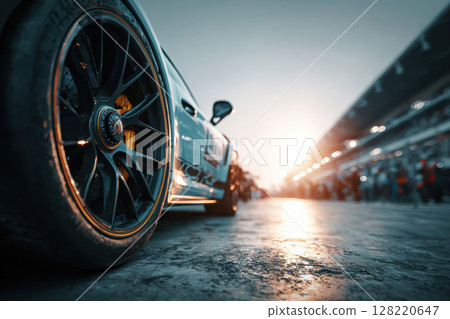 Close Up of Race Car Wheel on Track 128220647