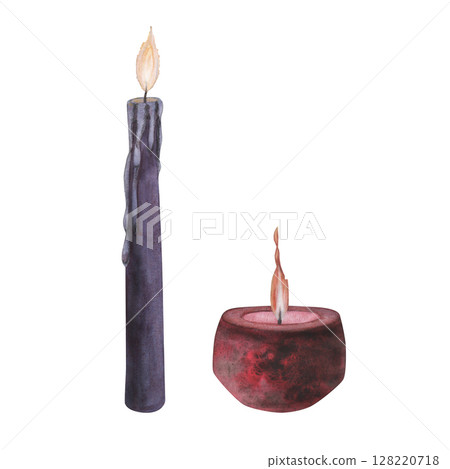 Set Witch's magical red and violet wax candle flame isolated on white background. Watercolor hand drawn dark fantasy sketch illustration. Art design mystical halloween witch decoration greeting card 128220718