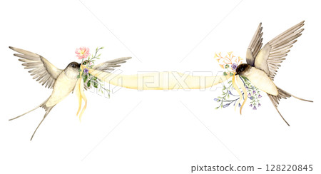 Swallows Holding Ribbon with Florals (Banner) Swallows Holding Ribbon with Florals (Banner) 128220845