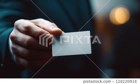 Close-up of a man's hand in a formal suit holding out a blank white business card with a dark blurred background. Professional contact. 128220918