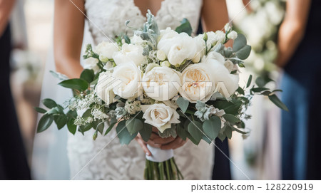 Bride in white lace dress holding elegant bouquet of white roses and peonies with green leaves at wedding ceremony. Romantic moment. 128220919