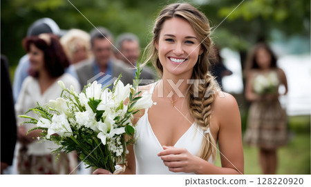 Smiling young bride with long braided hair holding a white floral bouquet outdoors with wedding guests in the background. Joyful moment. 128220920
