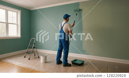 Man in blue overalls painting an empty room wall with roller, covering old color with new green shade. Home renovation. Interior update. 128220928