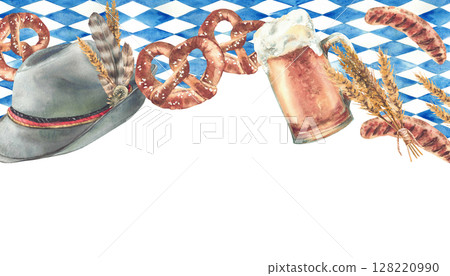 Oktoberfest frame. Pint of Beer with pretzel, sausage and spikes of malt. Germany traditional hat on blue rhombus Bavarian flags background. Watercolor painted Isolated clipart for card, banner, menu Oktoberfest frame. Pint of Beer with pretzel, sausage and spikes of malt. Germany traditional hat on blue rhombus Bavarian flags background. Watercolor painted Isolated clipart for card, banner, menu 128220990