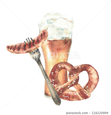 Pint, glass of Beer with pretzel and sausage on fork. Drink and food at Bavarian festival. Watercolor hand drawn illustration. Germany realistic sketch for card, menu isolated from background clipart. Pint, glass of Beer with pretzel and sausage on fork. Drink and food at Bavarian festival. Watercolor hand drawn illustration. Germany realistic sketch for card, menu isolated from background clipart. 128220994