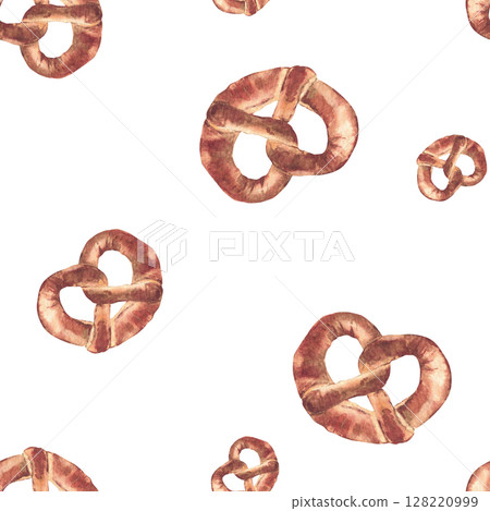Watercolor Pretzel seamless pattern. German traditional bretzel ornament. Realistic hand drawn baking food. Bavaria Oktoberfest snack for packaging, label design. Isolated from background illustration 128220999