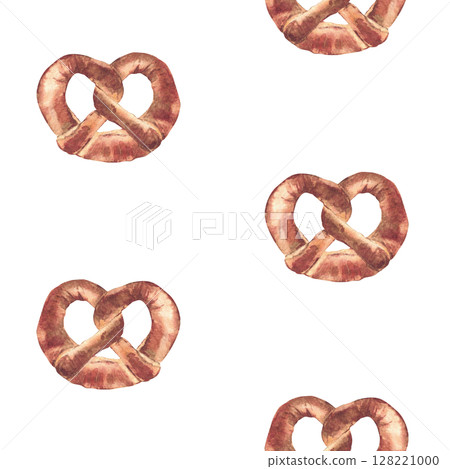 Pretzel seamless pattern. German bretzel ornament. Watercolor hand painted baked food without salt. Bavaria Oktoberfest traditional snack for fabric, tablecloth. Isolated from background illustration. 128221000