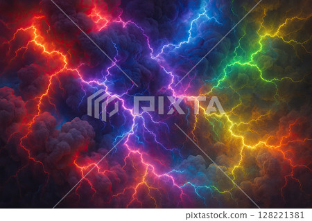 Prism Lightning Cracking through Vivid Neon Storm Clouds 128221381