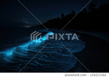 Bioluminescent Surf Illuminates Tropical Shore under Moonlit Sky 128221382