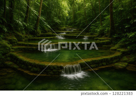 Emerald Terraced Pools Cascading through Lush Rainforest Sanctuary 128221383