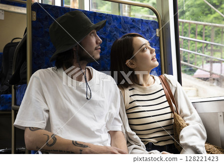 A woman enjoying a domestic trip on a cable car 128221423