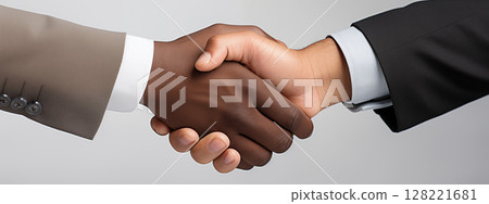 Handshake between african and a caucasian man over gray background. Black man and white man holding hands 128221681