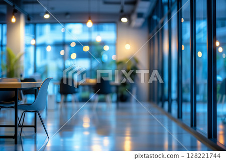 blurred background of a light modern office interior. Abstract light bokeh at office interior background for design. 128221744