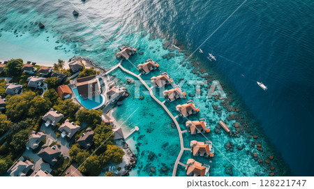 Tropical beach. Summer vacation on a tropical island with beautiful beach and palm trees. Tropical Maldives. 128221747