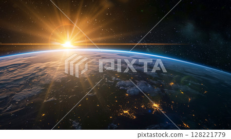 Planet Earth with detailed relief and atmosphere. Blue space background with earth and galaxy. 128221779