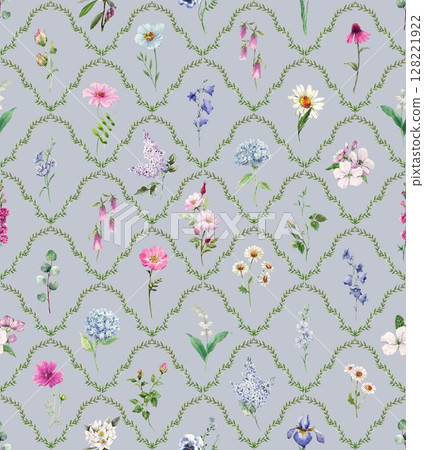 Watercolor floral lattice pattern with wildflowers seamless vintage style design with delicate flowers inside leafy diamond grid. Perfect for fabric, wallpaper, and botanical decor Watercolor floral lattice pattern with wildflowers seamless vintage style design with delicate flowers inside leafy diamond grid. Perfect for fabric, wallpaper, and botanical decor 128221922