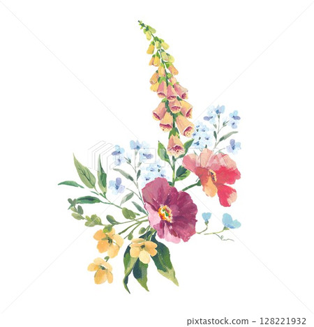 Romantic gouache bouquet with foxglove and pink wildflowers elegant hand-painted botanical composition with soft blue flowers. Ideal for vintage cards, floral prints, cosmetic labels and natural 128221932