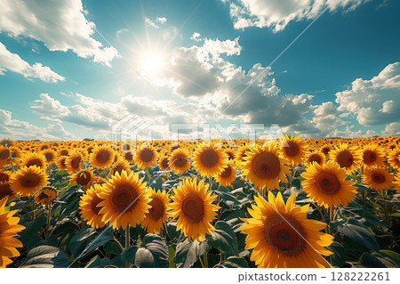 Sunflower field spreading in the blue sky 128222261