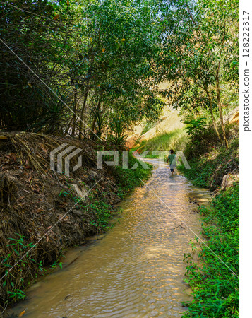 Tropical Stream Trail Through Lush Greenery in Ham Tien Canyon, Vietnam with a Lone Explorer 128222317