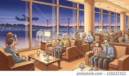 晚上,各行各業的旅客聚集在機場休息室 晚上,各行各業的旅客聚集在機場休息室 128222322