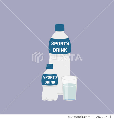 塑膠瓶和彩色背景杯中的運動飲料插圖 128222521