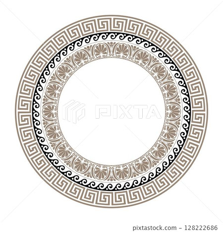 Golden black Greek vector round pattern. Greek key meanders. Geometric circle ornament. Patterns of Greece and ancient Rome. Greek vector pattern. Typical egyptian, assyrian and greek motives  128222686