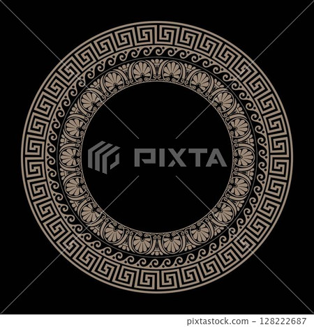 Gold Greek vector round pattern on black background. Greek key meanders. Geometric circle ornament. Patterns of Greece and ancient Rome. Greek vector pattern. Typical egyptian, assyrian, greek motives 128222687