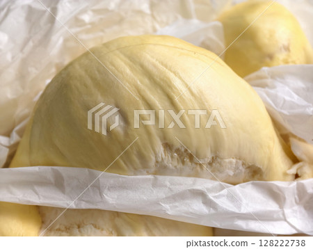 Fresh Durian Mon Thong Flesh Packed in Foam Box. Thai King of Fruits 128222738