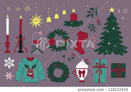 Set of graphic elements of Christmas celebration. Vector graphics. 128222839