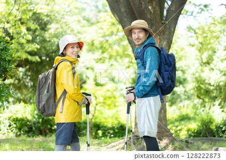 A middle-aged couple trekking A middle-aged couple trekking 128222873