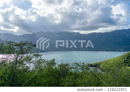 Taiohae Bay and town with anchored sailboats in Nuku Hiva, Marquesas Islands, French Polynesia 128222951