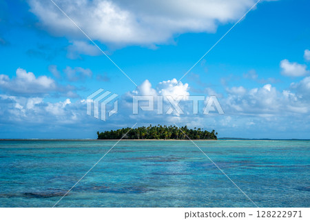 Idyllic motu on Tikehau Atoll, French Polynesia, surrounded by turquoise waters 128222971