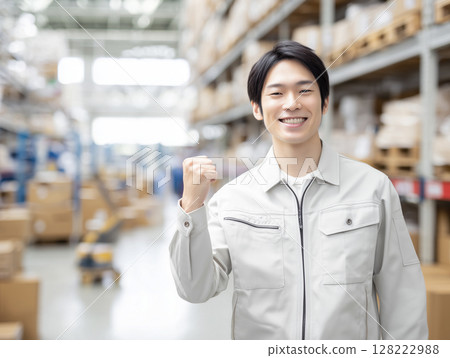 AI-generated image: A young, smiling man doing a fist pump at a distribution center 128222988