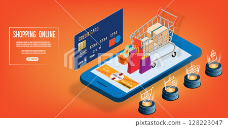 Online store via mobile phone and gift boxes aside, isometric illustration web banner of online shopping, web banner and discount coupons. Online store via mobile phone and gift boxes aside, isometric illustration web banner of online shopping, web banner and discount coupons. 128223047