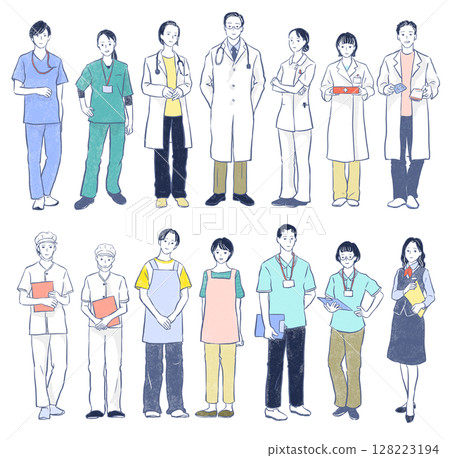 Welfare and nursing care: Set of 14 people involved in community-based support 128223194